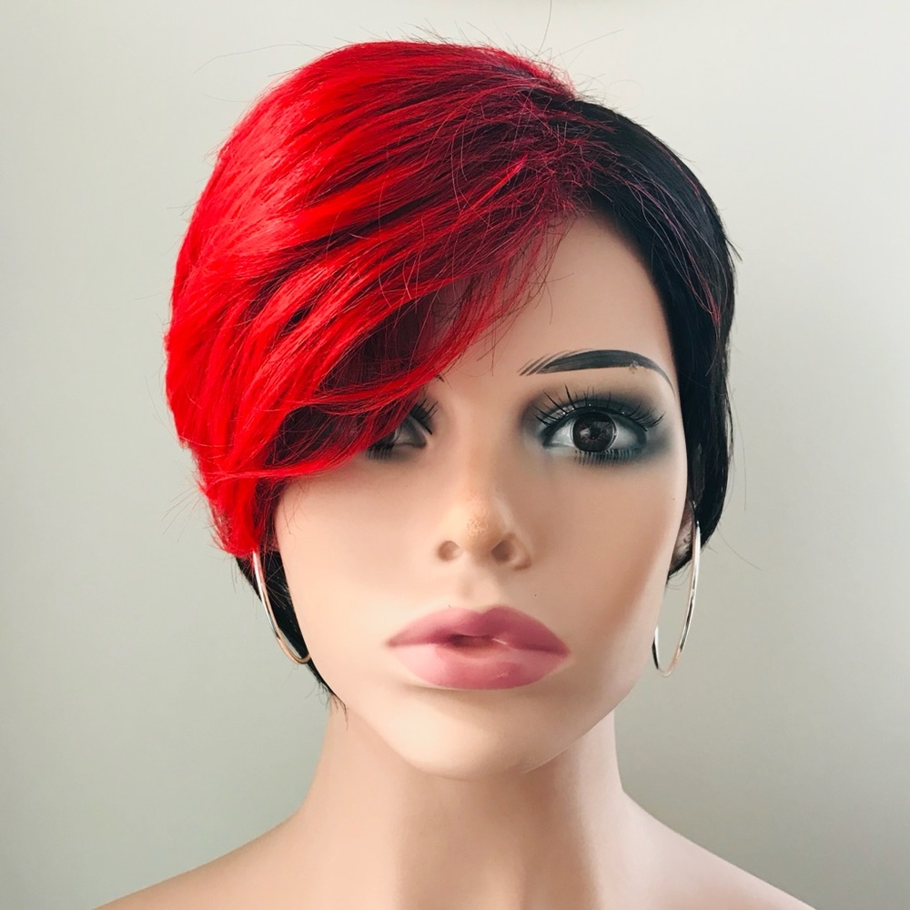 Short Red & Black “Put On & Go” Synthetic Wig for Daily Wear or Events